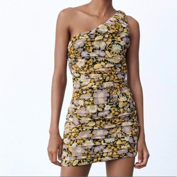 Zara Dresses & Skirts - NEW Zara Womens One Shoulder Floral Ruched Mini Dress